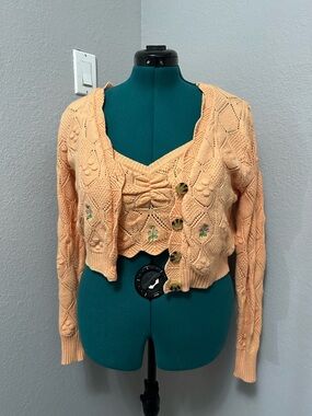 Embroidered Peach Cable Knit Cropped Cardigan Set